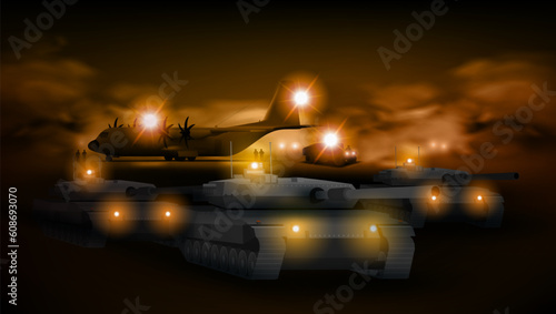 Silhouette Of Military Tanks, Plane And Army SUV.
