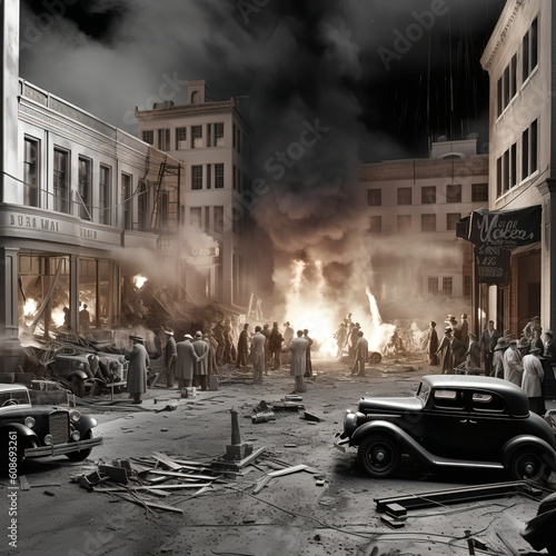 Old town in chaos. Exploding building. Fire. Old time movie set. AI generated
