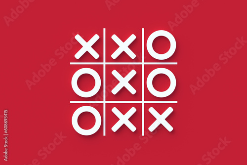 Tic tac toe game on red background. Funny leisure. Top view. 3d render photo