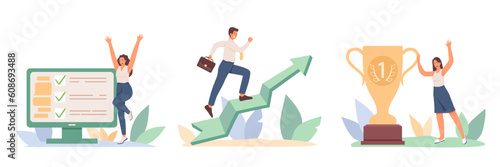 Success at work. Female and male vector characters celebrating career advancement. Successful completion of project, conclusion of profitable agreement. Job development, promotion