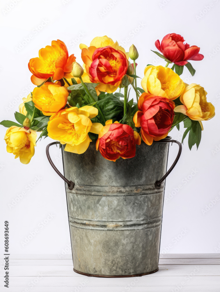 Bucket of whith yellow and red peonies with lush green leaves on white background Bucket of whith yellow and red peonies with lush green leaves on white background