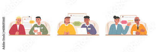 Job interview. Set of illustrations about dialogue with recruiter. Men and women pass questionnaires, discuss work duties. Work of human resources department