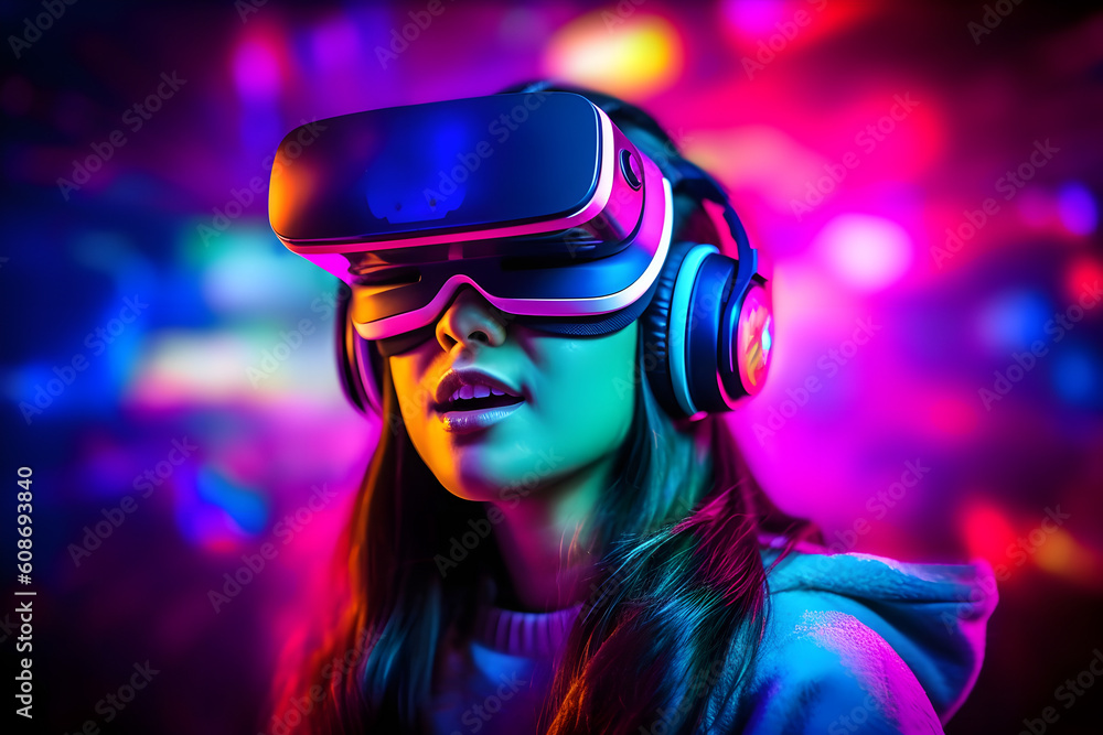 Asian Woman Using VR Headset in Colorful Neon-Lit Environment Asian Woman Using VR Headset in Colorful Neon-Lit Environment