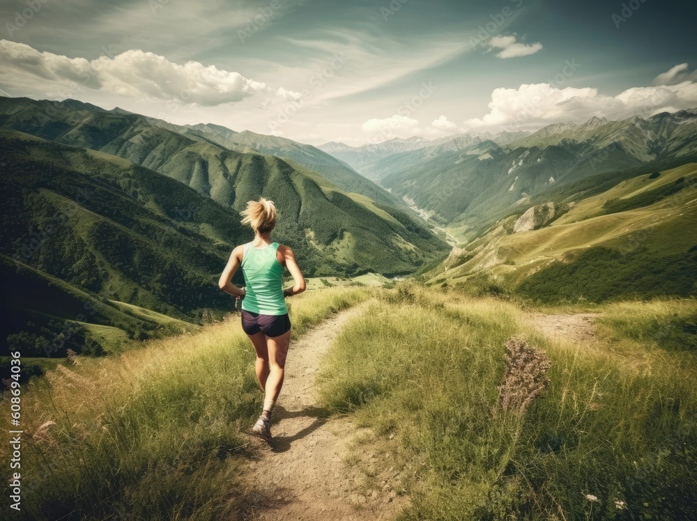A beautiful athletic woman runs in a mountains area