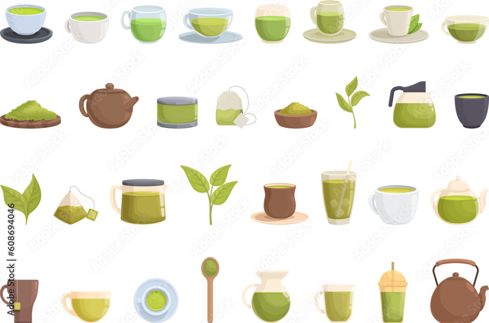 Green tea icons set cartoon vector. Glass cup. Herbal drink Green tea icons set cartoon vector. Glass cup. Herbal drink