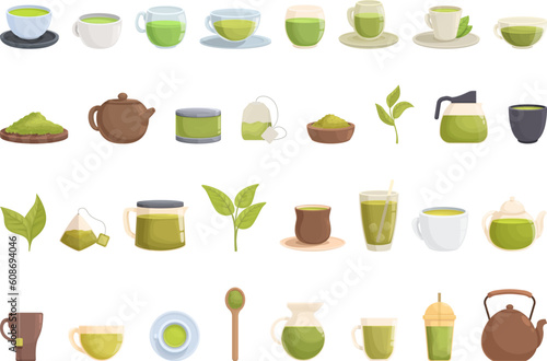 Green tea icons set cartoon vector. Glass cup. Herbal drink