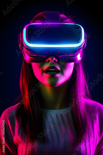 Asian Woman Using VR Headset in Colorful Neon-Lit Environment