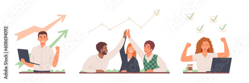 Set of story illustrations about success at work. Young workers are moving up career ladder. Promotion at work. Growth of indicators, achievement of set goal, implementation of plan