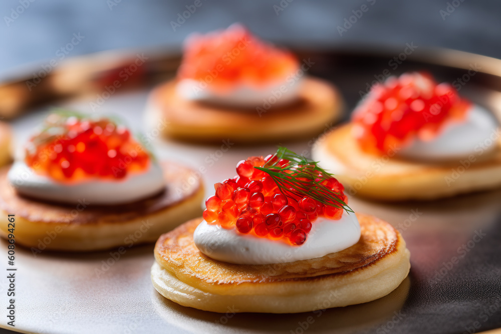 A close up of a plate of food with red cavia. Generative AI. A close up of a plate of food with red cavia. Generative AI.