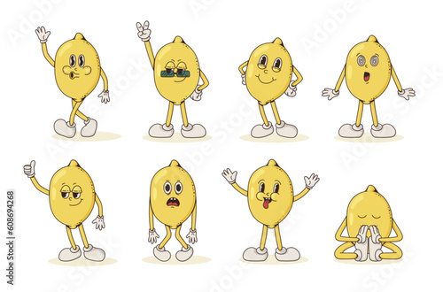 Set retro groovy cartoon fruit characters. Modern illustration with cute comics characters and hand drawn doodles. Set in modern cartoon style. 70s retro vibes. Fruit retro funky cartoon characters