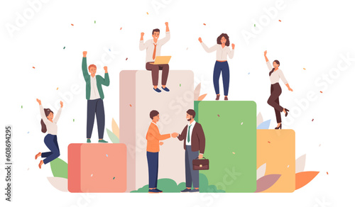 Productive work. Team achievements. Vector characters are happy to make deal. Men and women in office suits celebrating new contract. Heads of departments shake hands. Transition to new level