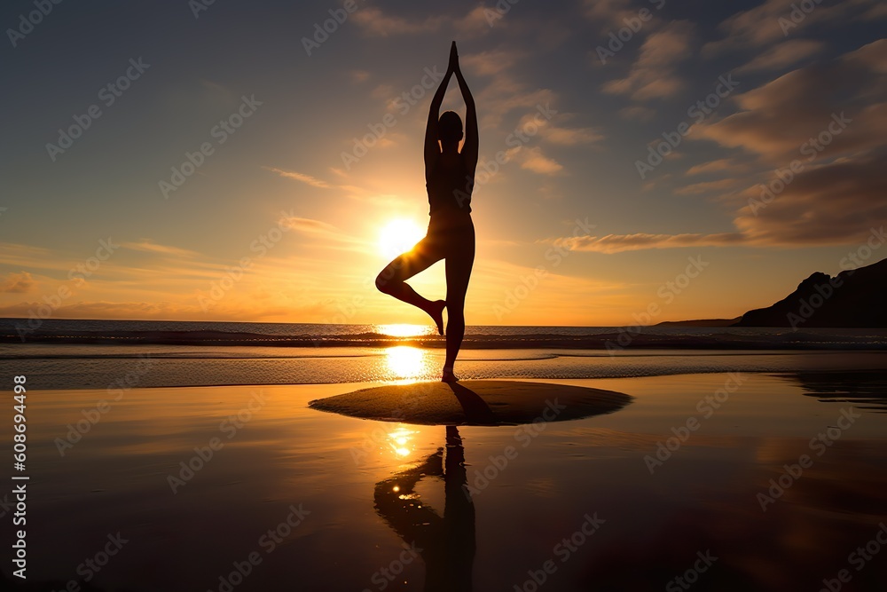 Image of a silhouette of a person practicing yoga during sunrise at the beach