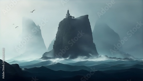 Desolate island, foggy view vector Art Style. generative ai