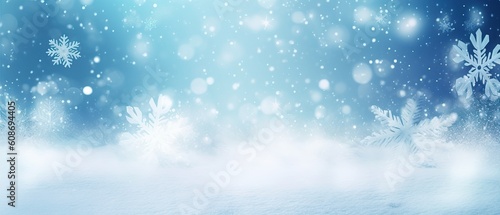 Beautiful background image of small snowdrifts, falling snow and snowflakes in white and blue tones