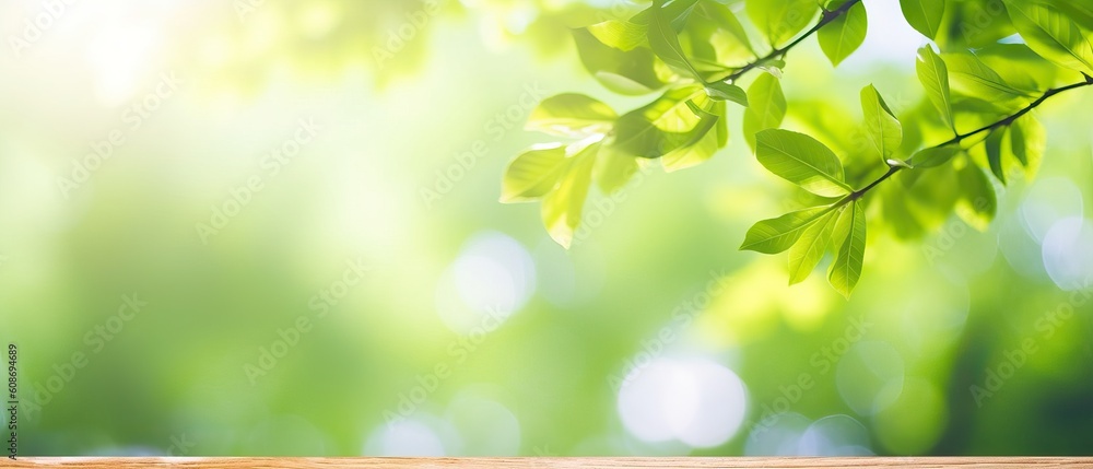 Obraz premium Beautiful blurred spring summer natural background image for product presentations. Defocused tree foliage on bright sunny day