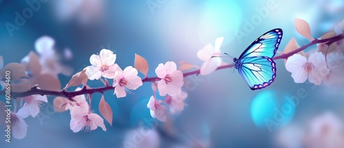 Beautiful blue butterfly in flight over branch of flowering apricot tree in spring at Sunrise on light blue and violet background macro. Amazing elegant artistic image nature in spring © Eli Berr
