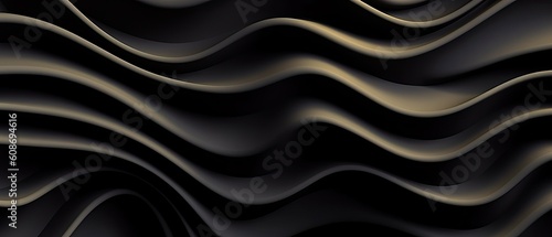 Beautiful black abstract luxury background with 3D texture of wavy lines with golden edges