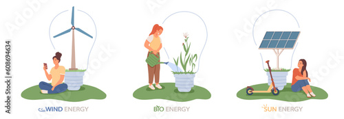 Set of color illustrations about sun, wind and bio energy. Female vector characters monitor accumulation and use of natural resources. Care for environment