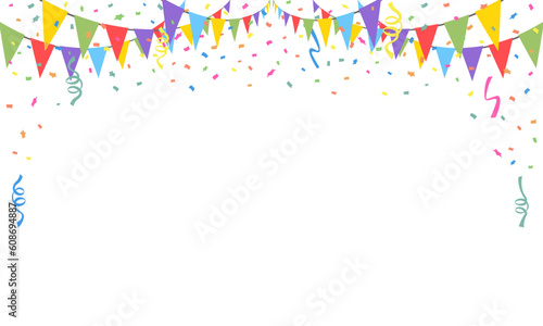 Celebrate hanging triangular garlands, balloons, and confetti. Colorful flags party isolated on white background. Birthday, Christmas, anniversary, and festival fair concept. Vector illustration.