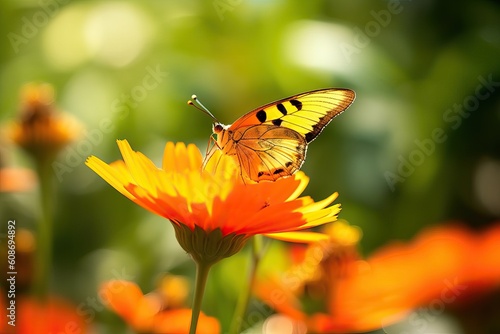 Beautiful cute yellow butterfly on orange flower in nature outdoors in spring summer on bright sunny day, macro. Beautiful blurry bokeh © Eli Berr
