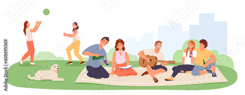 Company rests in nature. Friends had picnic. Young man plays guitar, women play ball, dog lies on grass. Summer leisure in park. Calm and active recreation of young people © ANDRII
