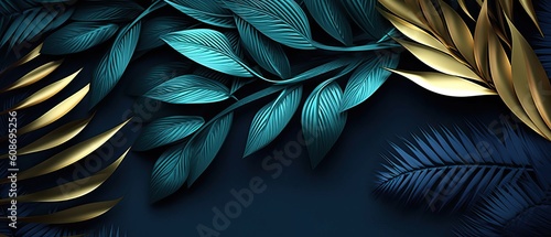 Beautiful luxury dark blue textured 3D background frame with golden and blue tropical leaves