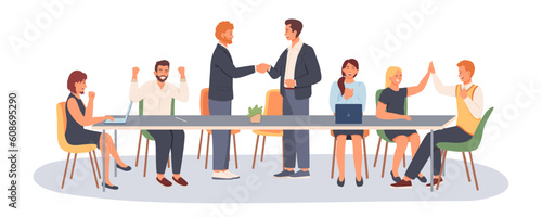 Successful conclusion of contract, win win. Effective deal. Two teams celebrate beginning of profitable cooperation. Vector characters are happy about new project. Strategy of victory