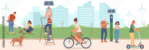 Citizens use nature energy sparingly. Vector characters plant trees, use solar panels. Personal vehicles that do not pollute nature. Public charging stations