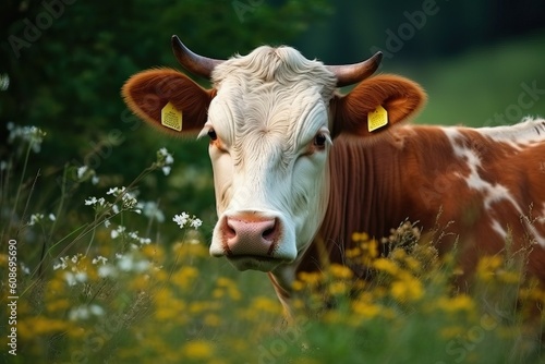 Cow on a Vibrant Flower Meadow, Idyllic Countryside Farm Scene