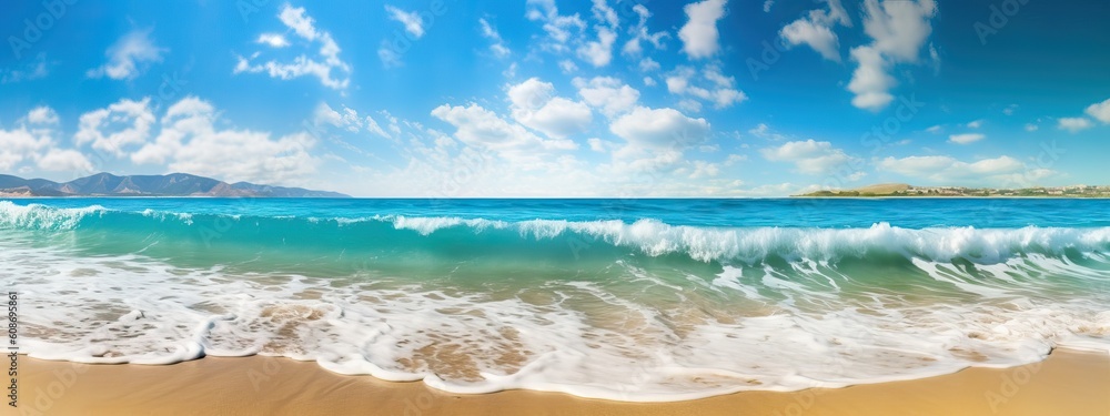 Beautiful panoramic seascape with surf waves against a blue sunny sky with clouds. Natural Mediterranean beach