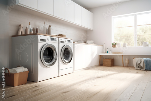 A neatly organized laundry room with a row of washing machines and dryers, clean simple background,  photo