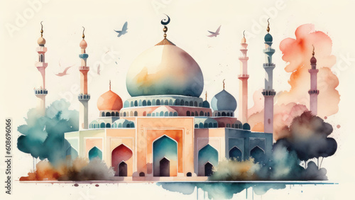 Watercolor Mosque Painting Design Mosque Illustration Design Islamic Background Hand drawn Watercolor Artwork. sketch of Mosque, Greeting card or banner for Muslim holiday, Mosque Watercolor style photo