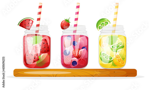 Soft summer cold drinks in glass bottle with fruits  and berries standing on the wooden cutting board.	