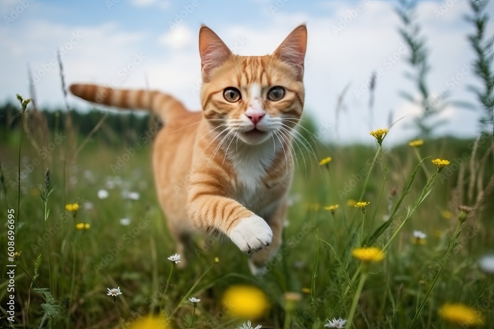 Ginger cat jumping over meadow (Ai generated) Ginger cat jumping over meadow (Ai generated)
