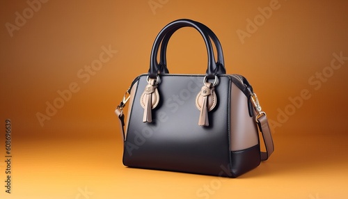 Beautiful trendy smooth youth women's handbag in black color on a light brown studio background