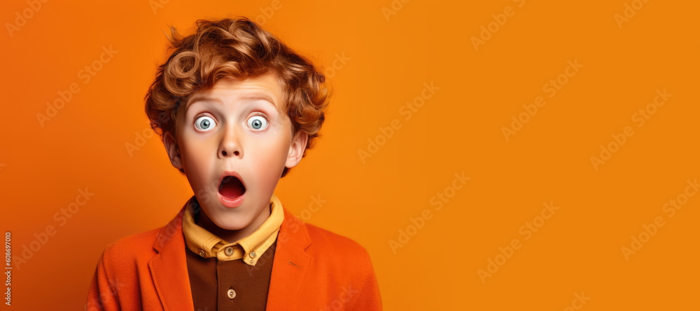Shock, surprised boy child in a studio with a wow or omg facial ...