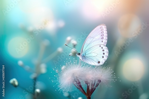 Beautiful white butterfly on white flower buds on a soft blurred blue background spring or summer in nature. Gentle romantic dreamy artistic image, beautiful round bokeh © Eli Berr