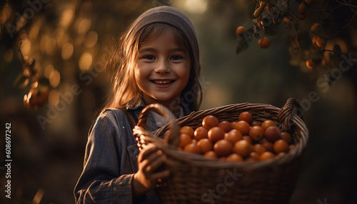 Cute girl holding fresh fruit, smiling in organic farm harvest generated by AI