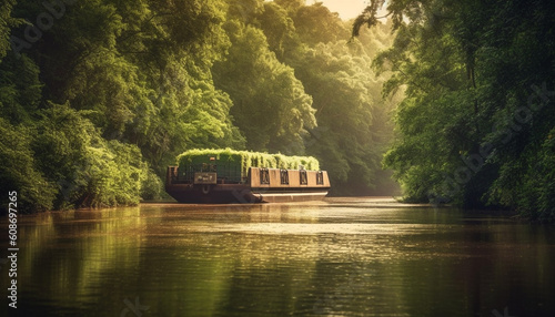 A tranquil scene of a barge on a green canal generated by AI