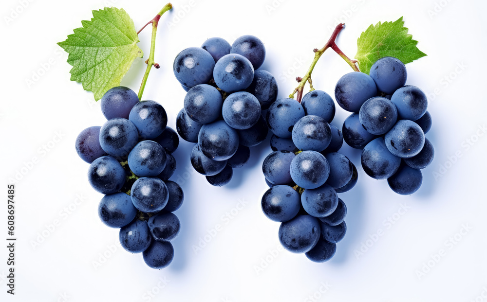 Bunch of Blue grapes isolated on white or black background with leaves. Generative Ai. Bunch of Blue grapes isolated on white or black background with leaves. Generative Ai.