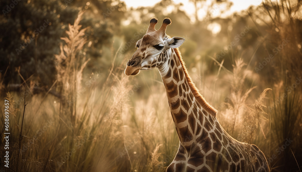 Obraz premium Graceful giraffe stands tall in African savannah, a natural beauty generated by AI
