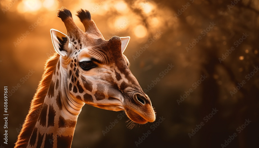Obraz premium The majestic giraffe, a beauty in nature, looking at camera generated by AI