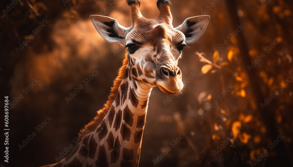 Obraz premium Beautiful giraffe standing in the African savannah, looking at camera generated by AI