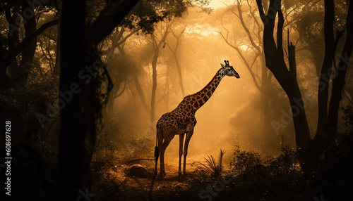 A majestic giraffe standing tall in the African wilderness sunset generated by AI