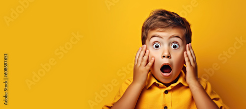 Shock, surprised boy child in a studio with a wow or omg facial expression with his hands on his mouth. Generative AI