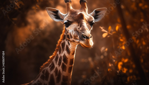 Beautiful giraffe standing in the African savannah, looking at camera generated by AI © djvstock