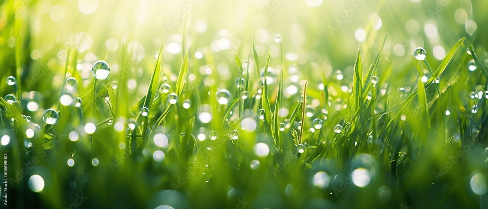 Natural defocused background. Green juicy grass in drops of morning dew sparkles in rays of sunlight. Nice round bokeh - obrazy, fototapety, plakaty 