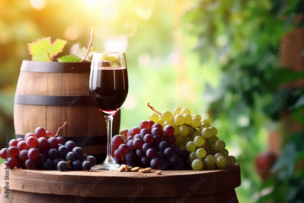 A barrel of wine sits on a table with a bunch of grapes in the background, copyspace, AI generative