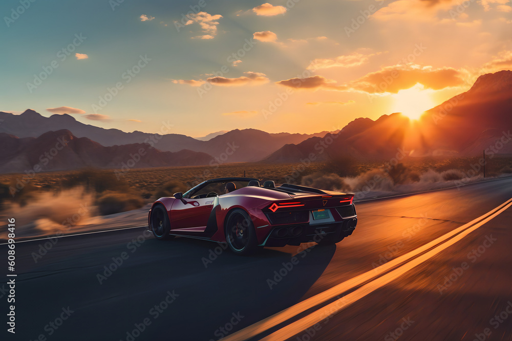 car in the sunset. super car in the sunset. backcountry. roadtrip. AI generated