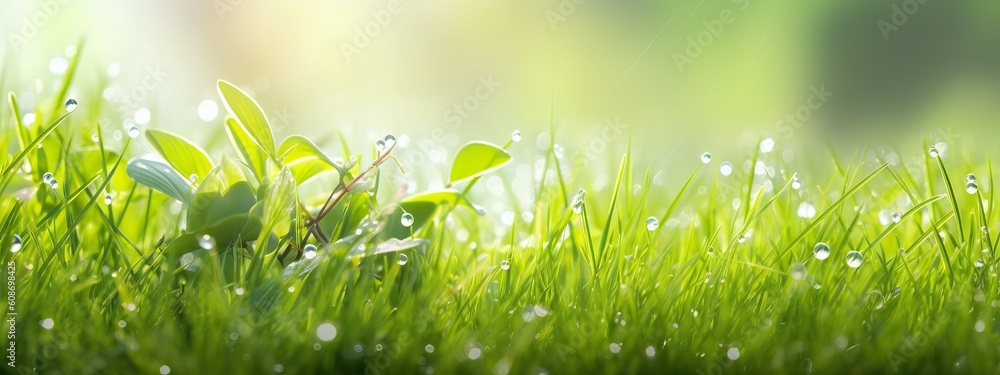 Spring summer background with a frame of grass and leaves on nature. Juicy lush green grass on meadow with drops of water dew sparkle in morning light outdoors close-up, copy space, wide format Spring summer background with a frame of grass and leaves on nature. Juicy lush green grass on meadow with drops of water dew sparkle in morning light outdoors close-up, copy space, wide format